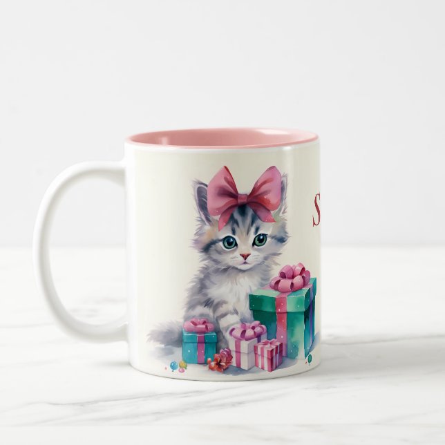 Sweet Kitty Cat Add Name Custom Kitten Gift Two-Tone Coffee Mug (Left)