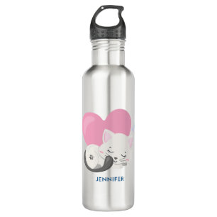 Sweet Kitty Cat Sleeping with a Big Heart in Back 710 Ml Water Bottle
