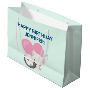 Sweet Kitty Cat Sleeping with a Big Heart in Back Large Gift Bag