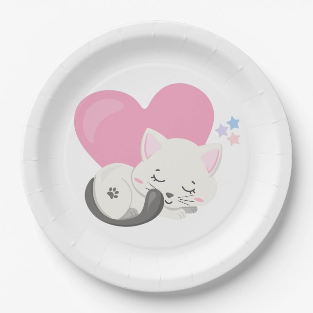 Sweet Kitty Cat Sleeping with a Big Heart in Back Paper Plate (Front)