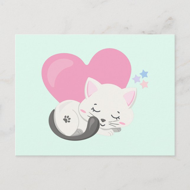 Sweet Kitty Cat Sleeping with a Big Heart in Back Postcard (Front)