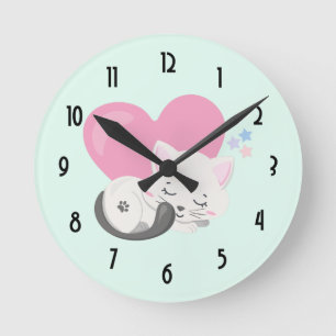 Sweet Kitty Cat Sleeping with a Big Heart in Back Round Clock