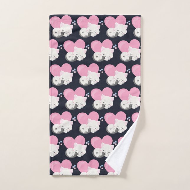 Sweet Kitty Cat Sleeping with a Big Pink Heart Bath Towel Set (Hand Towel)