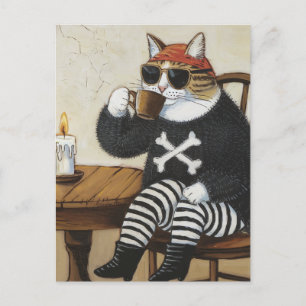 Sweet Kitty Pirate in fuzzy black sweater coffee Postcard