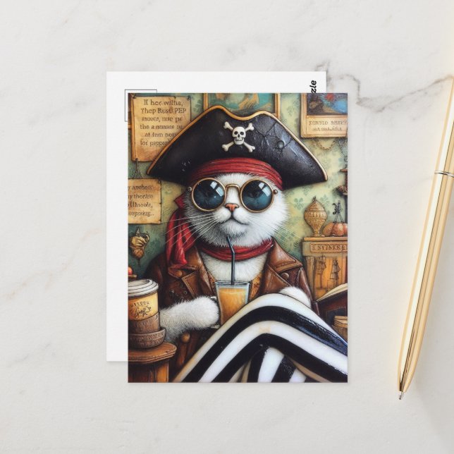 Sweet Kitty Pirate with coffee in a Antique Shop Postcard (Front/Back In Situ)