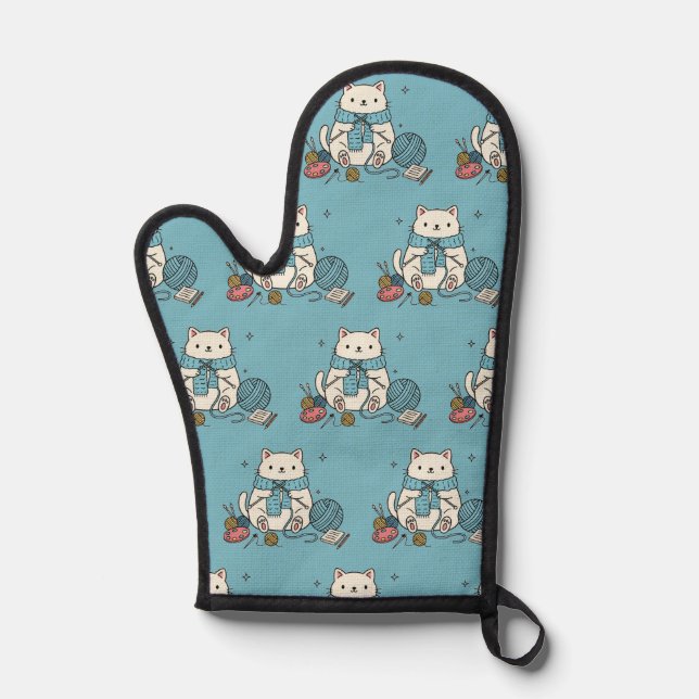 Sweet Knitting Cat Pastel Blue Home Cooking Accent Oven Mitt (Front)