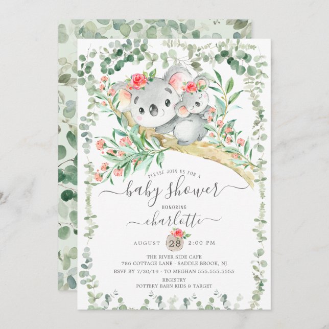 Sweet Koala Bear Girls Baby Shower Invitation (Front/Back)