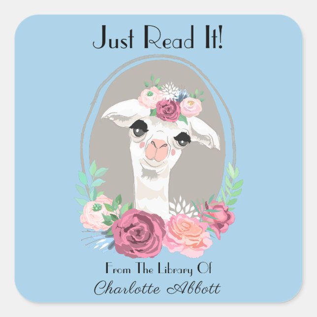 Sweet Lady Llama With Roses Bookplate Square Sticker (Front)