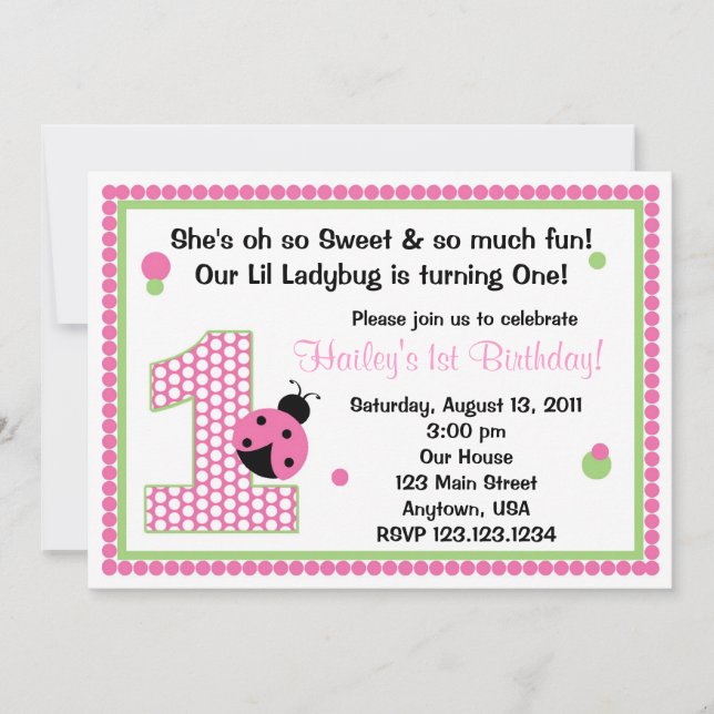 Sweet Ladybug First Birthday Invitation (Front)