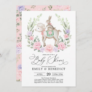 Sweet Lamb & Bunny Rabbit Soft Floral Baby Shower Invitation