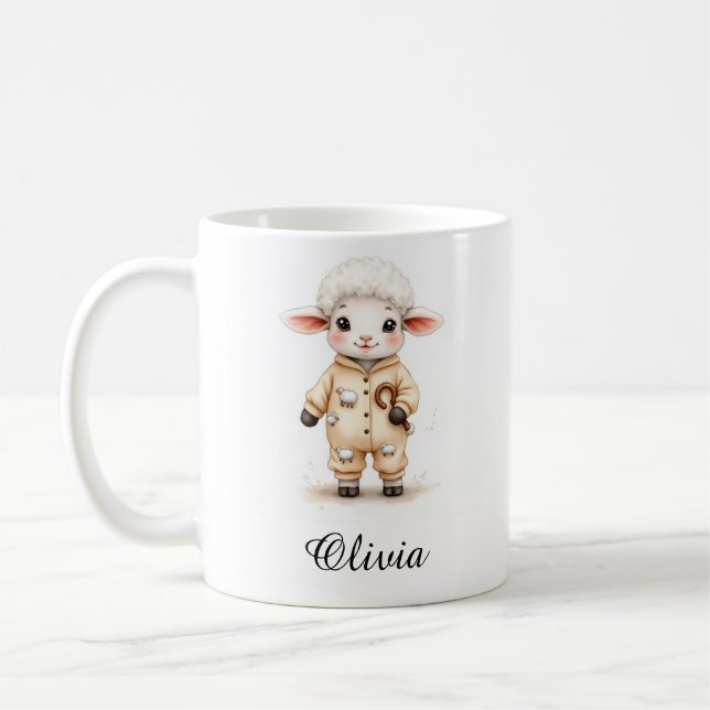Sweet Lamb in Christmas Pajamas Custom Name Mug (Left)
