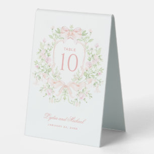 Sweet Leaf Crest with Pink Bows Table Number