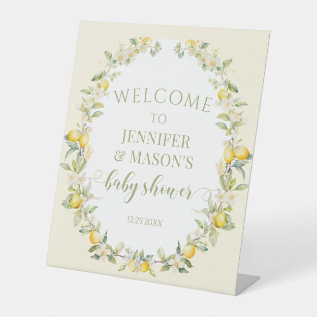 Sweet lemon floral wreath baby shower welcome sign (Front)