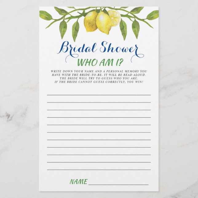 Sweet Lemons & Greenery Chic Bridal Shower Game (Front)