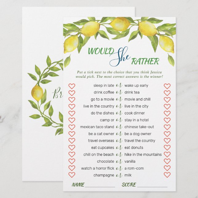 Sweet Lemons & Greenery Chic Bridal Shower Game (Front/Back)