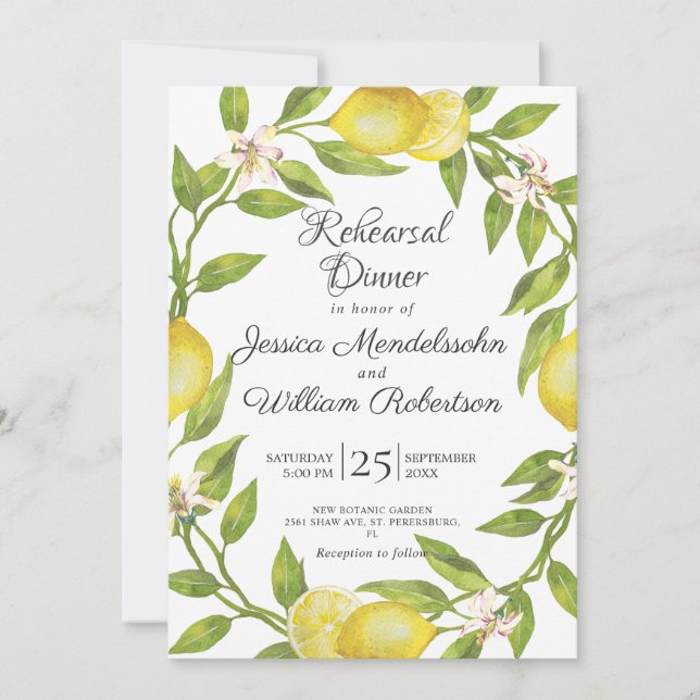 Sweet Lemons Greenery Wreath Rehearsal Dinner Invitation (Front)
