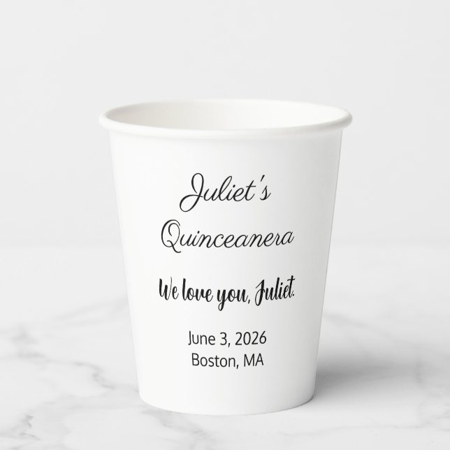 Sweet Letters: Black on White Quinceanera  Paper Cups (Back)
