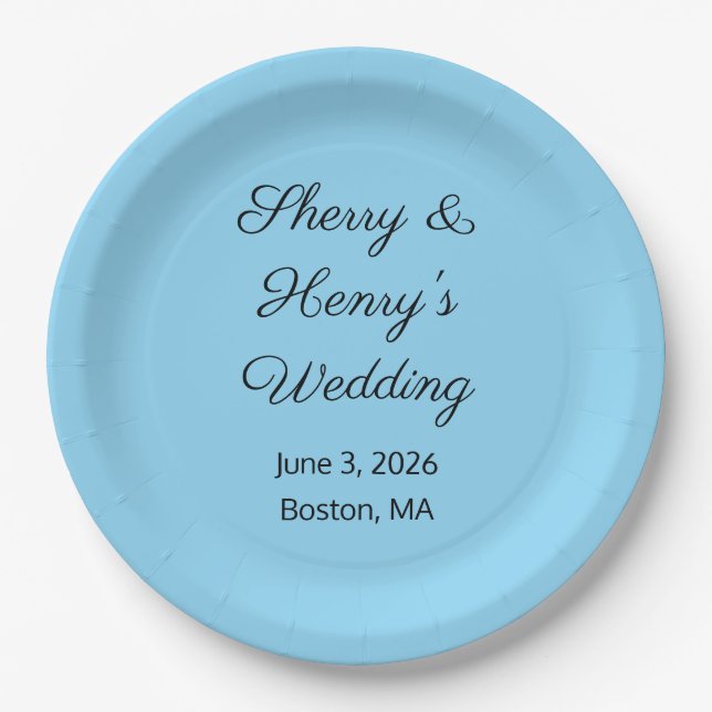 Sweet Letters Blue & Black Wedding Paper Plate (Front)