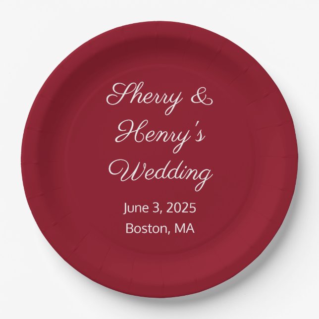 Sweet Letters Maroon Wedding Paper Plate (Front)