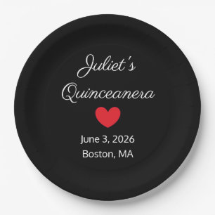 Sweet Letters: White on Black Quinceanera  Paper Plate