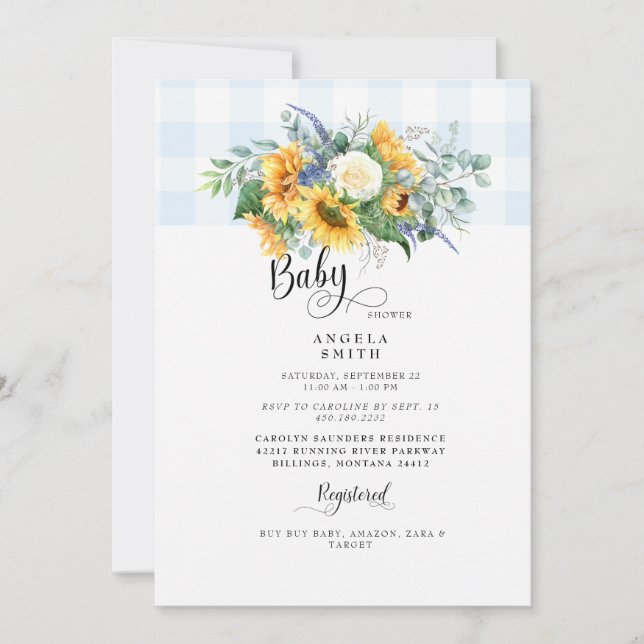 Sweet  Light Blue Gingham Sunflower Baby Shower Invitation (Front)