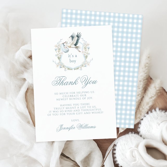 Sweet Light Blue Stork Crest Baby Boy Shower Thank You Card (Creator Uploaded)