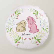 Sweet Light Pink Bunny Wreath Round Pillow