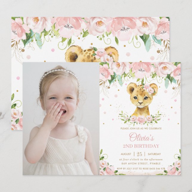 Sweet Lion Cub Blush Pink Floral Birthday Photo Invitation (Front/Back)