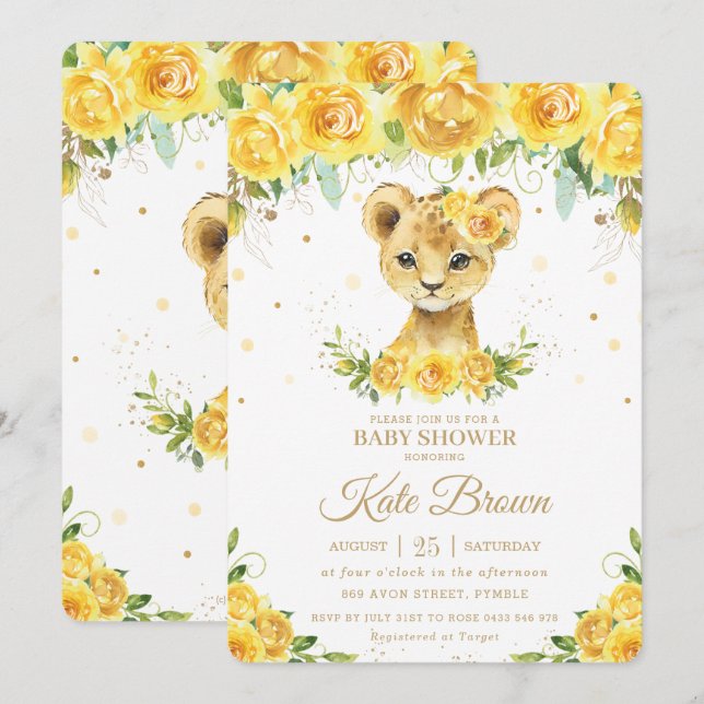 Sweet Lion Yellow Floral Gold Girl Baby Shower Invitation (Front/Back)