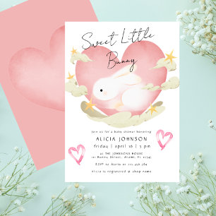 Sweet Litle Bunny Cute Pink Hearts Baby Shower Invitation