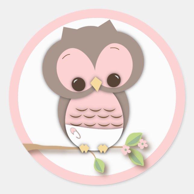 Sweet Little Baby Girl Owl on a Branch Classic Round Sticker (Front)