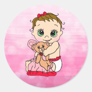 Sweet Little Baby with Teddy Bear Pink and Red Classic Round Sticker