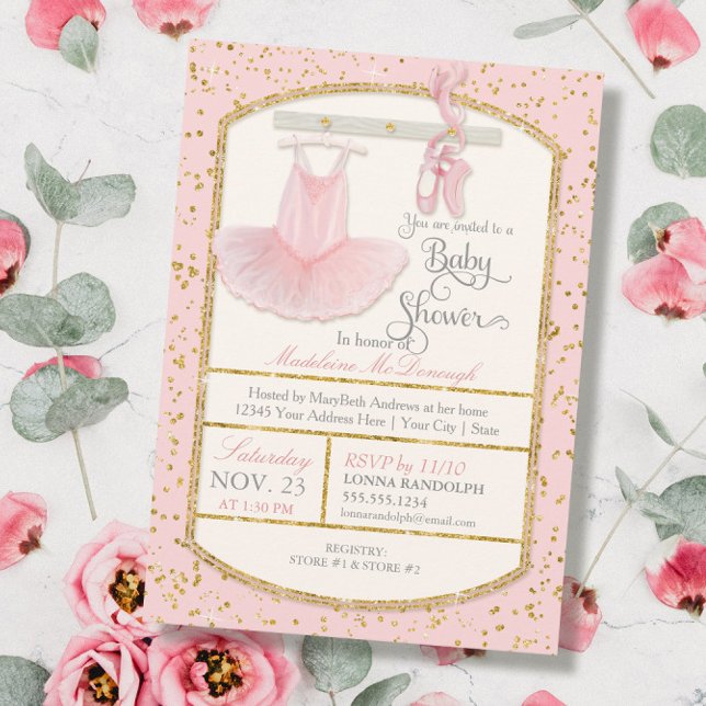 Sweet Little Ballerina Baby Girl Shower Gold Invitation (Creator Uploaded)