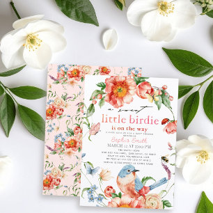 Sweet Little Birdie Pink Floral Girl Baby Shower Invitation