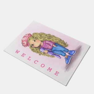 Sweet Little Blonde Girl Bunny Toy Love - Welcome Doormat