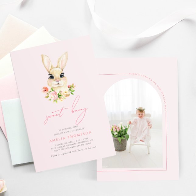 Sweet Little Bunny Baby Pink Photo Birthday  Invitation (Creator Uploaded)