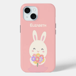 Sweet Little Bunny & Flowers Custom Name Pink iPhone 15 Case