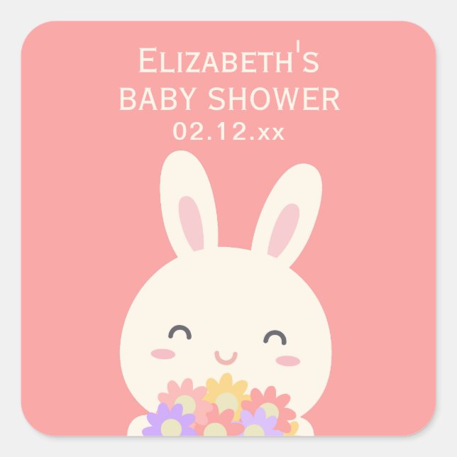 Sweet Little Bunny & Flowers Pink Baby Girl Shower Square Sticker (Front)