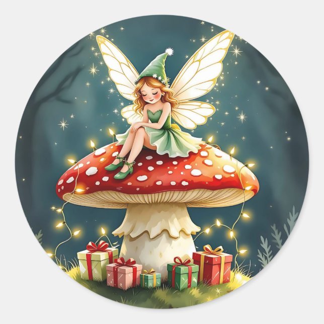 Sweet Little Christmas Fairy on Mushroom Classic Round Sticker (Front)