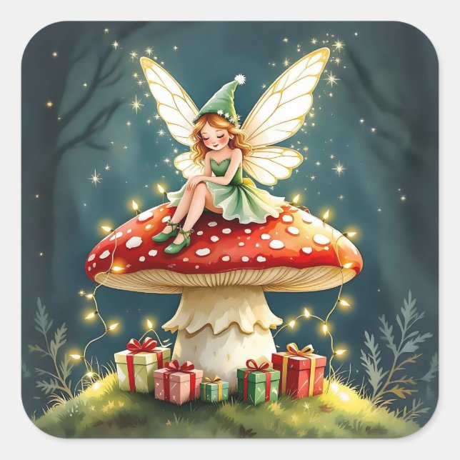Sweet Little Christmas Fairy on Mushroom Square Sticker (Front)