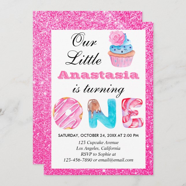 Sweet Little Cupcake Pink Glitter 1st Birthday One Invitation (Front/Back)