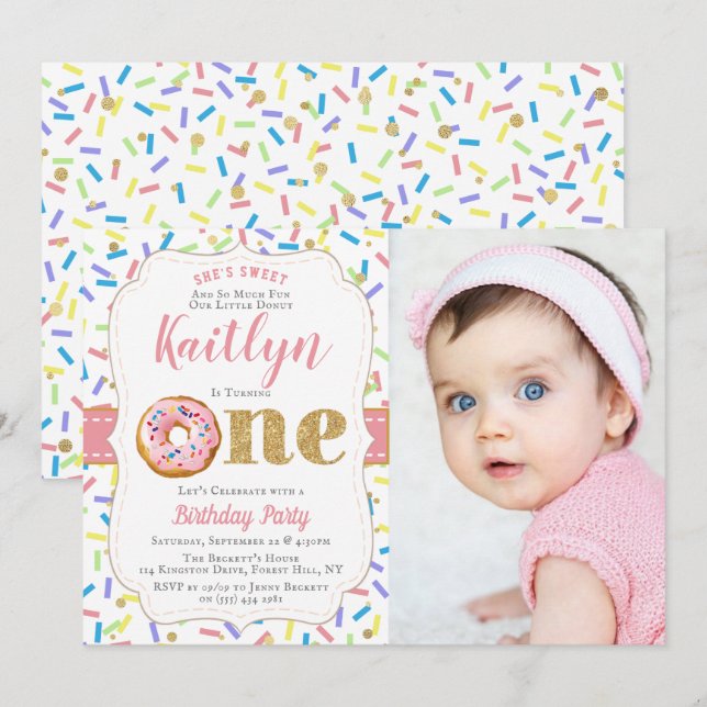 Sweet Little Doughnut Girls 1st Birthday Invitatio Invitation (Front/Back)