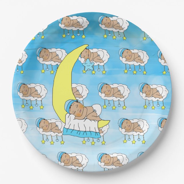 Sweet Little Ethnic Baby Sleeping on the Moon Paper Plate (Front)