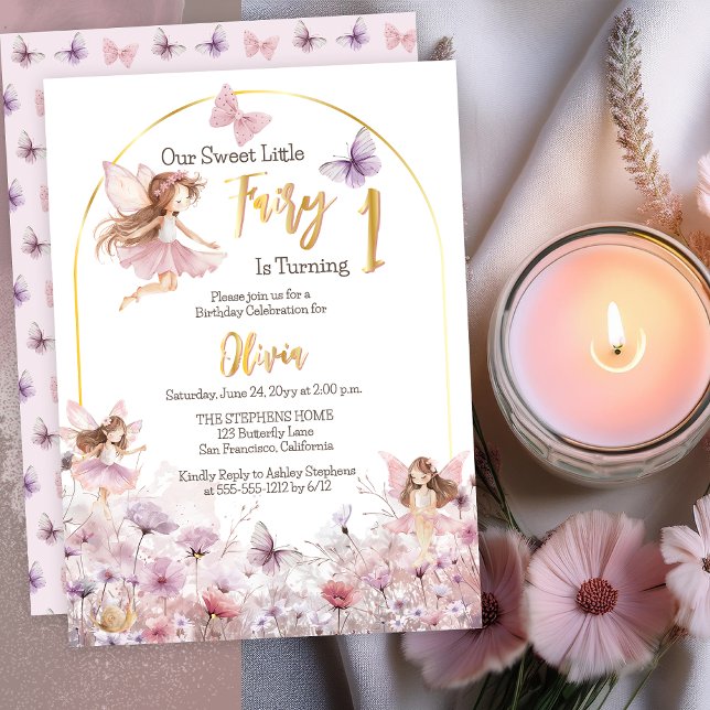Sweet Little Fairy Wildflowers 1st Birthday Party ("Our Sweet Little Fairy Is Turning 1" Enchanting Fairies Girl 1st Birthday Party Foil Invitation)