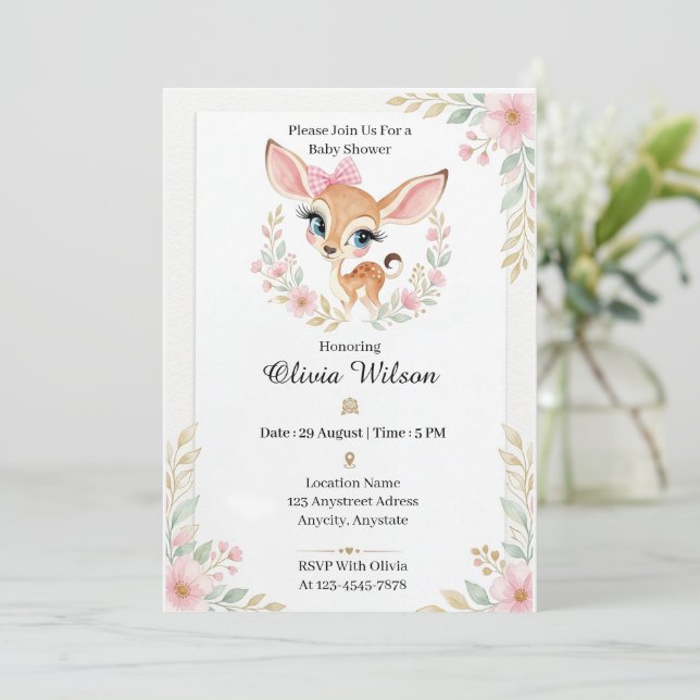 Sweet Little Fawn with a Pink Bow Invitation (Standing Front)