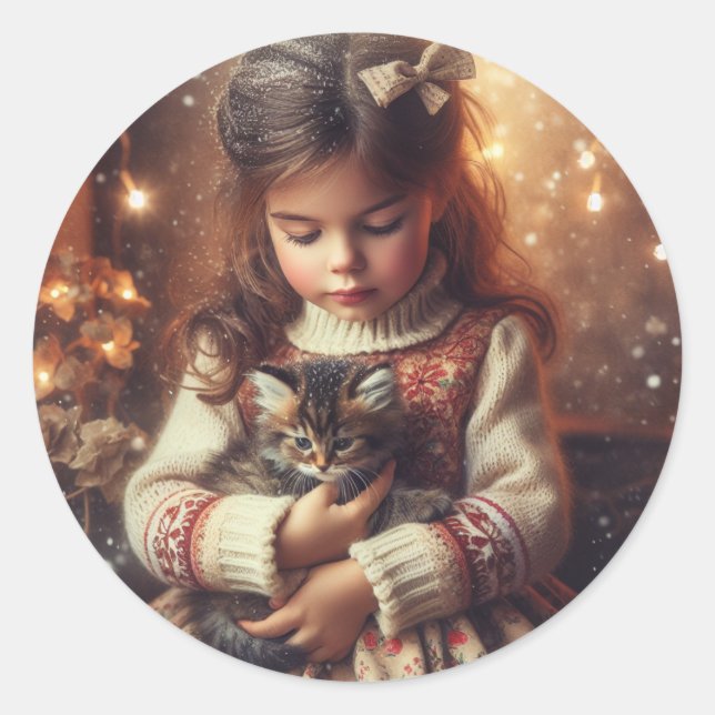 Sweet Little Girl and Kitten Christmas Classic Round Sticker (Front)