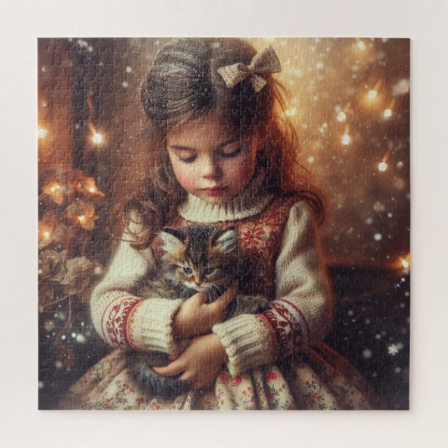 Sweet Little Girl and Kitten Christmas Jigsaw Puzzle (Vertical)