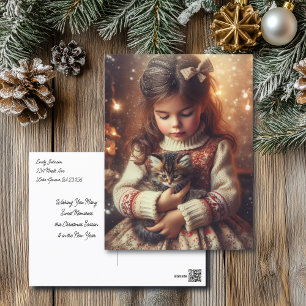 Sweet Little Girl and Kitten Christmas Postcard