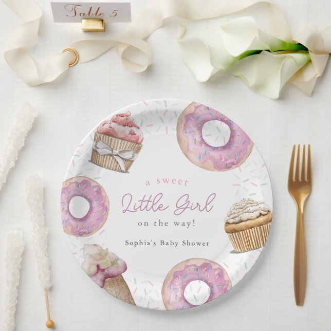 Sweet Little Girl Pink Cupcake & Doughnut Baby Sho Paper Plate (Wedding)
