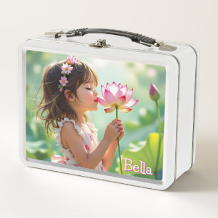 Sweet Little Girl Smelling a Flower Personalised Metal Lunch Box